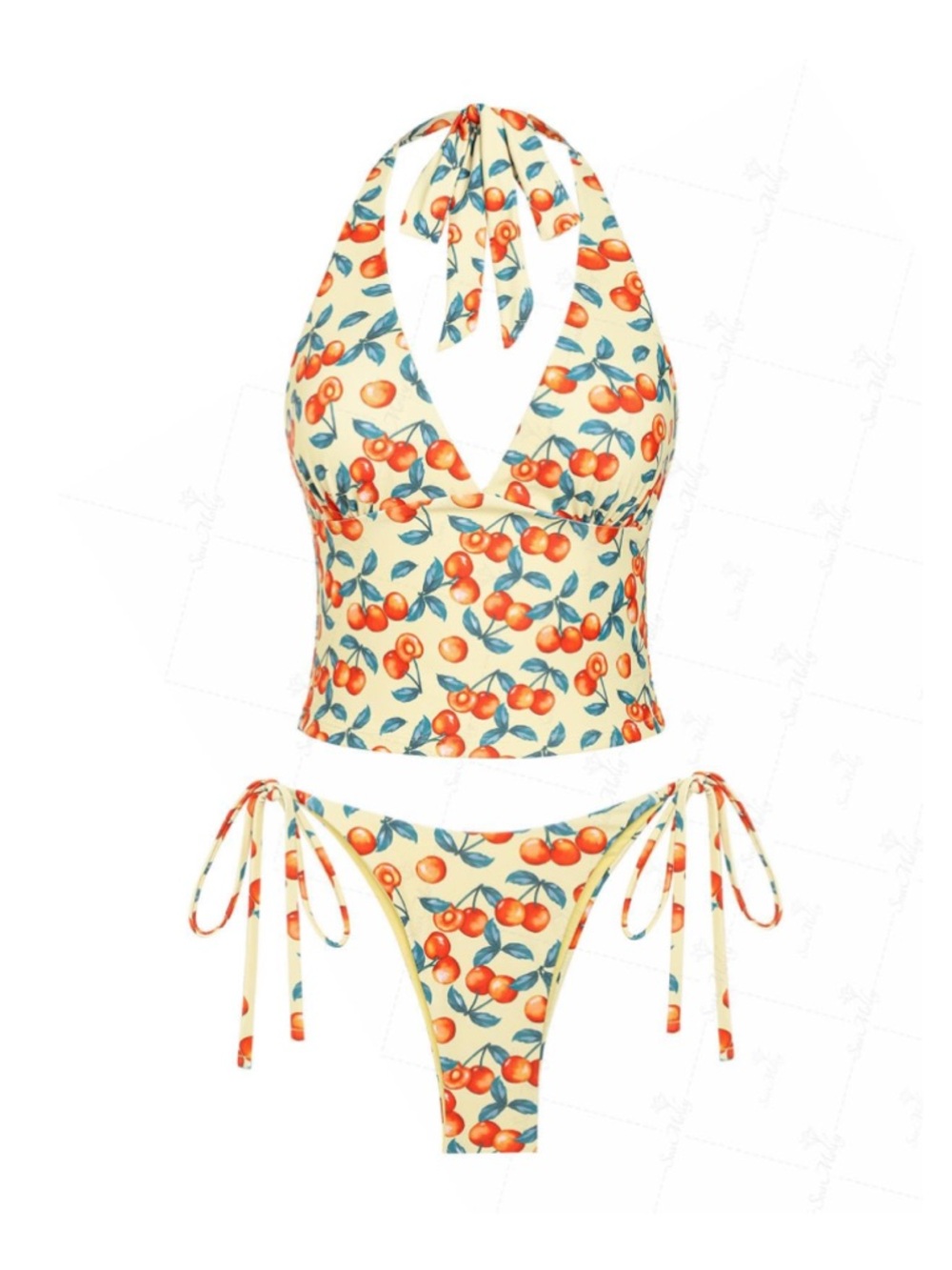 Cherry-Print Halter Tie Tankini Set